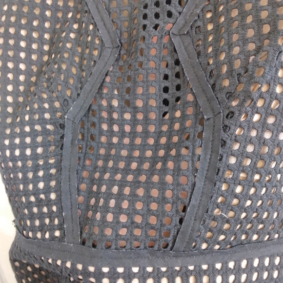 Size 2 BCBGMaxAzria Black and Nude Eyelet Dress Rhinestone Jeweled neckline - Picture 6 of 13